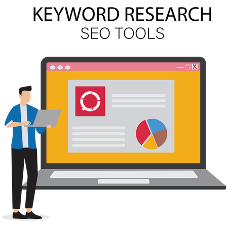 Businessman working on Keyword Research with SEO Tools  Illustration