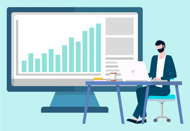 Computer Screen With Information Vector Person Using Gadget Working Businessman With Laptop Analyzing Info On Monitor Isolated Character Flat Style イラスト