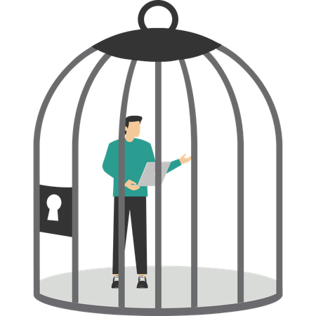 Businessman working on laptop in cage  Illustration