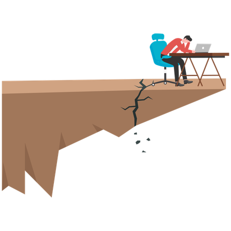 Businessman working on laptop sitting on cracked cliff edge  Illustration