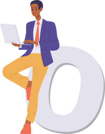 Businessman working on laptop standing nearby letter O  Illustration