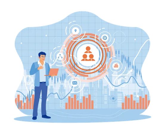 Businessman Working On Laptop While Analyze Financial Charts And Stock Market  Illustration