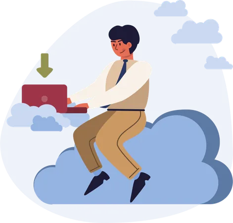 Businessman working on laptop while download data from cloud  Illustration