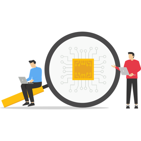 Businessman working on laptop while find processor chip  Illustration