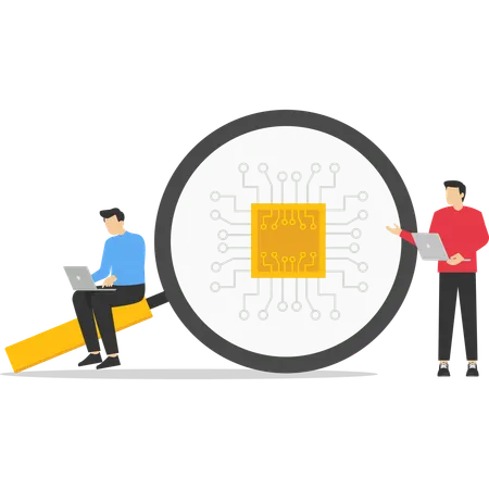Businessman working on laptop while find processor chip  Illustration
