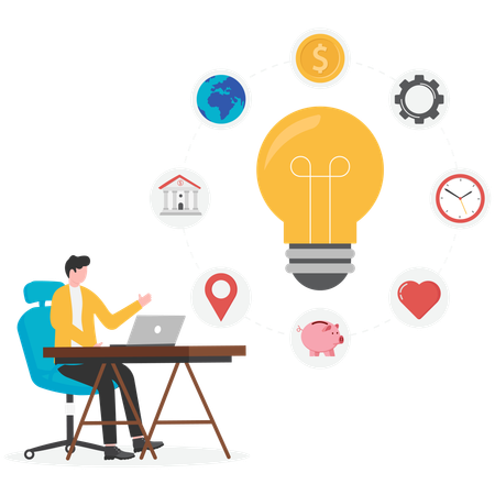 Businessman working on laptop while getting business idea  Illustration