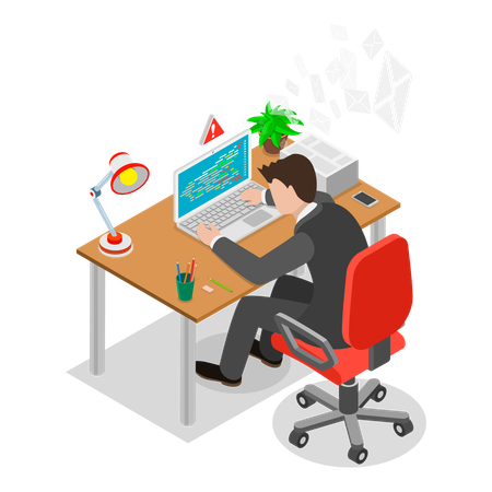 Businessman working on laptop while getting Computer Network Attack  Illustration
