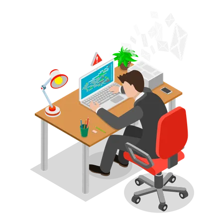 Businessman working on laptop while getting Computer Network Attack  Illustration