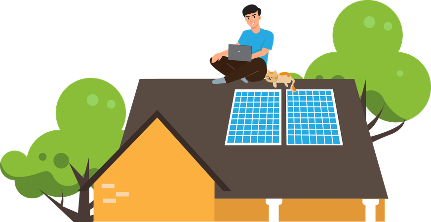 Businessman working on laptop while installing solar panel  Illustration