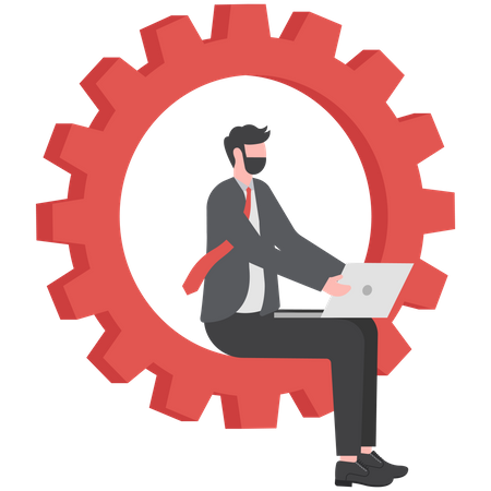 Businessman working on laptop while sitting in cogwheel  Illustration