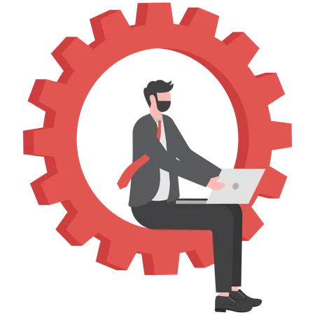 Businessman Working Like A Machine On Laptop Computer While Sitting In Cogwheel Concept Working Lifestyle Character Illustration