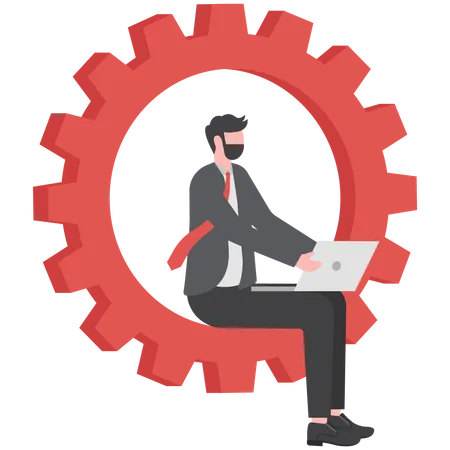 Businessman working on laptop while sitting in cogwheel  Illustration