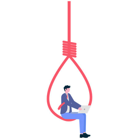 Businessman working on laptop while sitting on slip knot rope  Illustration