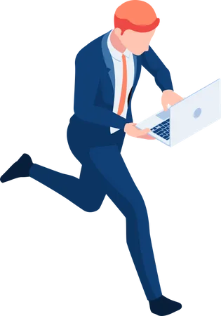 Businessman Working on Laptop While Walking Illustration