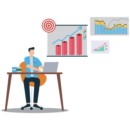 Businessman Working on Laptop with Growing Financial Chart  Illustration