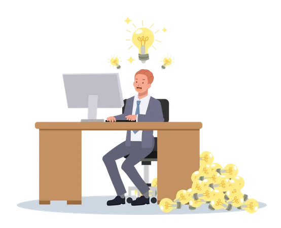 Happy Businessman Is Working And Got A Lot Of Ideas Light Bulb Working And Creation Of Ideas Concept Flat Vector Illustration Illustration