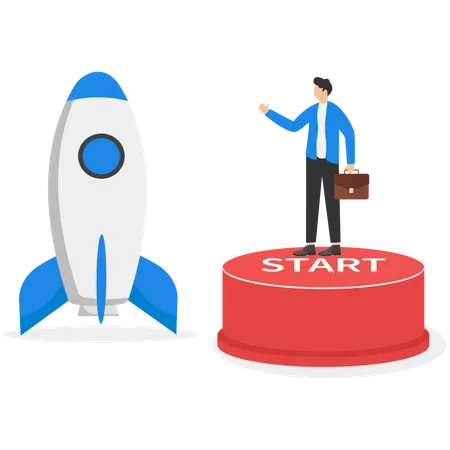 Businessman Working On Start Button Into Innovative Rocket To Launch Company Funding Startup Company Or Venture Capital Investment Flat Vector Illustration Illustration