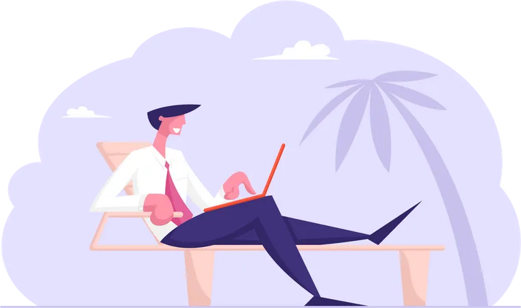 Handsome Businessman In Formal Wear Sitting On Daybed Under Palm Trees On Exotic Tropical Beach Working On Laptop Freelancer Or Distant Employee Summer Vacation Cartoon Flat Vector Illustration Illustration
