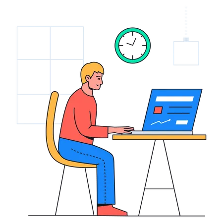 Boy Working Online Colorful Flat Design Style Illustration With Line Elements On White Background A Composition With A Young Man Male Manager Sitting At The Desk With A Laptop In The Office Illustration