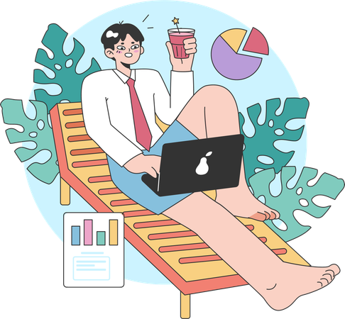 Businessman working online while enjoying business trip  Illustration