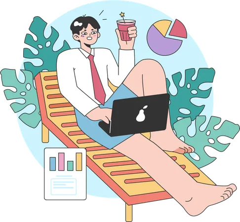 Businessman working online while enjoying business trip  Illustration