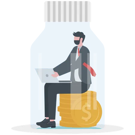 Businessman working trapped inside of bottle  イラスト