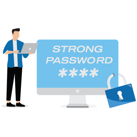 Businessman working with computer strong password protection  Illustration