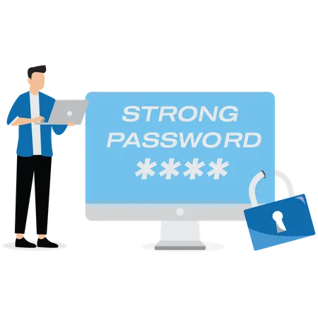 Businessman working with computer strong password protection  Illustration