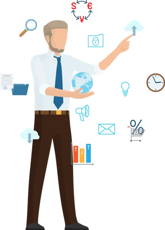 Businessman Working with Global Network Illustration