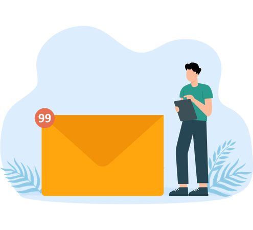 Businessman working with laptop computer on email envelopes  Illustration