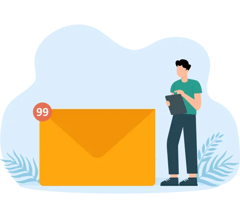 Businessman working with laptop computer on email envelopes  Illustration