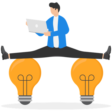 Businessman working with laptop computer stretching his leg between idea lightbulb balance like yoga  Illustration