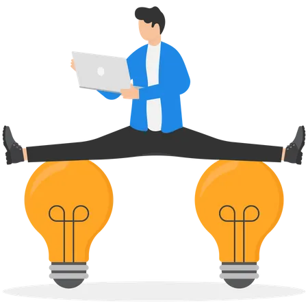 Flexible Work Let Employees Manage Their Working Time To Finish Project Concepts Smart Relaxed Businessman Working With Laptop Computer Stretching His Leg Between Idea Lightbulb Balance Like Yoga Illustration