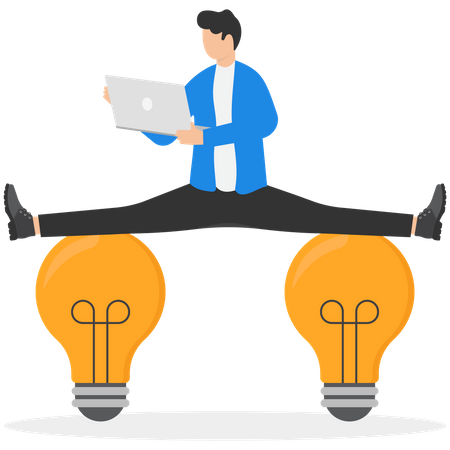 Businessman working with laptop computer stretching his leg between idea lightbulb balance like yoga  일러스트레이션