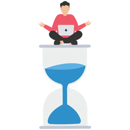 Businessman working with laptop hourglass countdown timer  Illustration