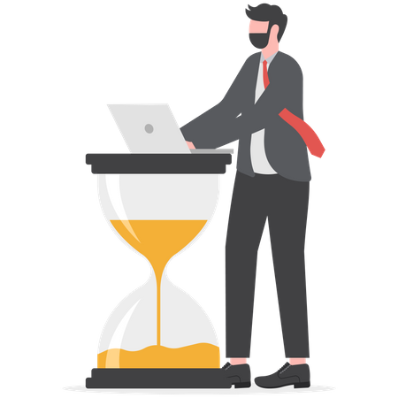 Businessman working with laptop on big hourglass  Illustration