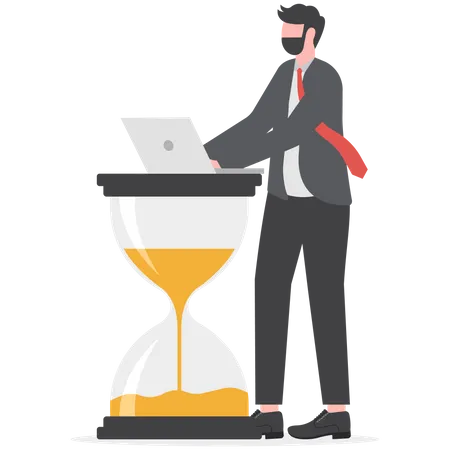 Businessman working with laptop on big hourglass  Illustration