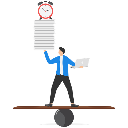 Businessman working with laptop while carrying load of paperwork  イラスト