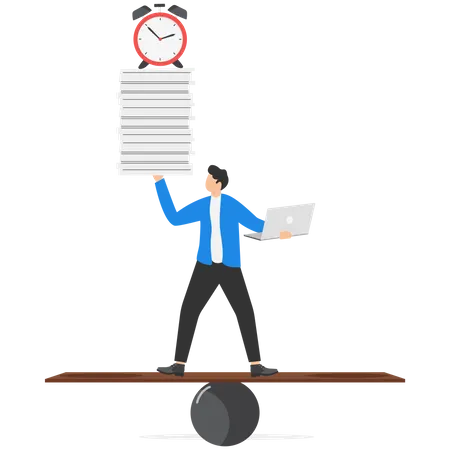Businessman working with laptop while carrying load of paperwork  Illustration