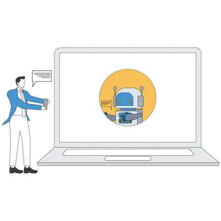 Businessman working with online chatbot  Illustration