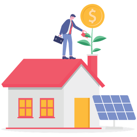Businessman working with solar panel  Illustration