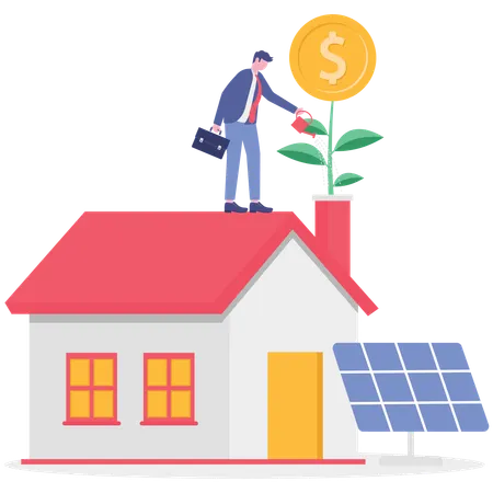 Businessman working with solar panel  Illustration