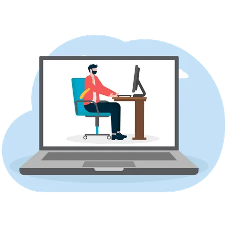 Businessman works in computer connected to cloud storage  Illustration