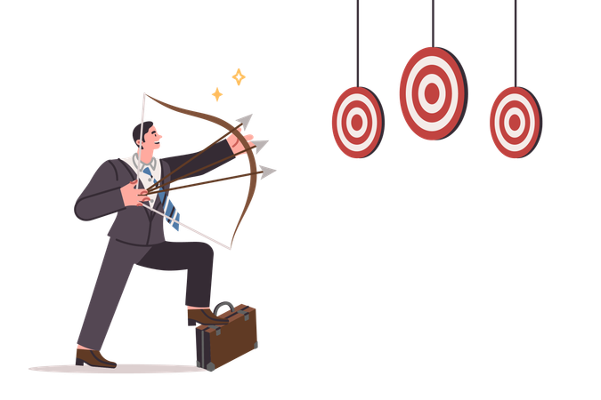 Businessman works in multitasking model and trying to hit several targets  Illustration