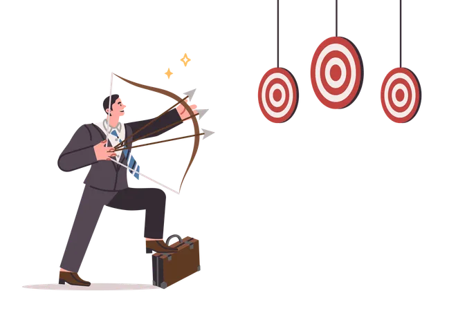 Businessman works in multitasking model and trying to hit several targets  Illustration