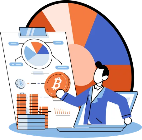 Businessman works on bitcoin document  Illustration