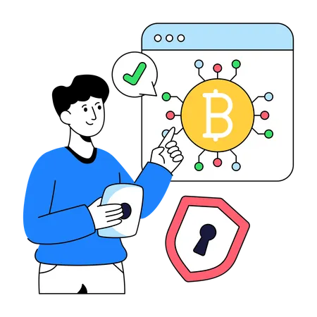 Businessman works on Bitcoin Security  Illustration