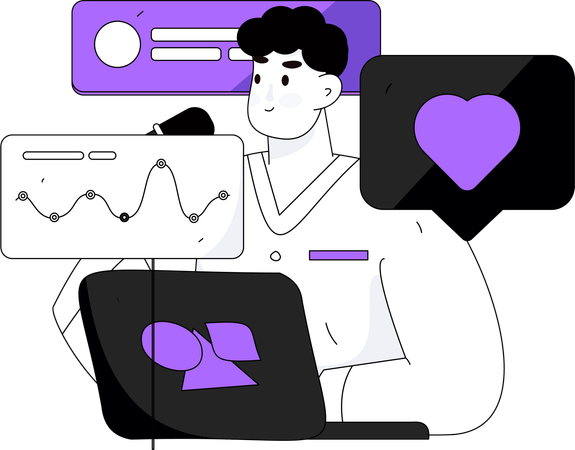 Businessman works on database analyzing data  Illustration