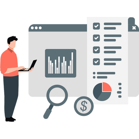 Businessman works on graphical data  Illustration