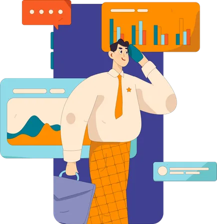 Businessman works on graphical data  Illustration